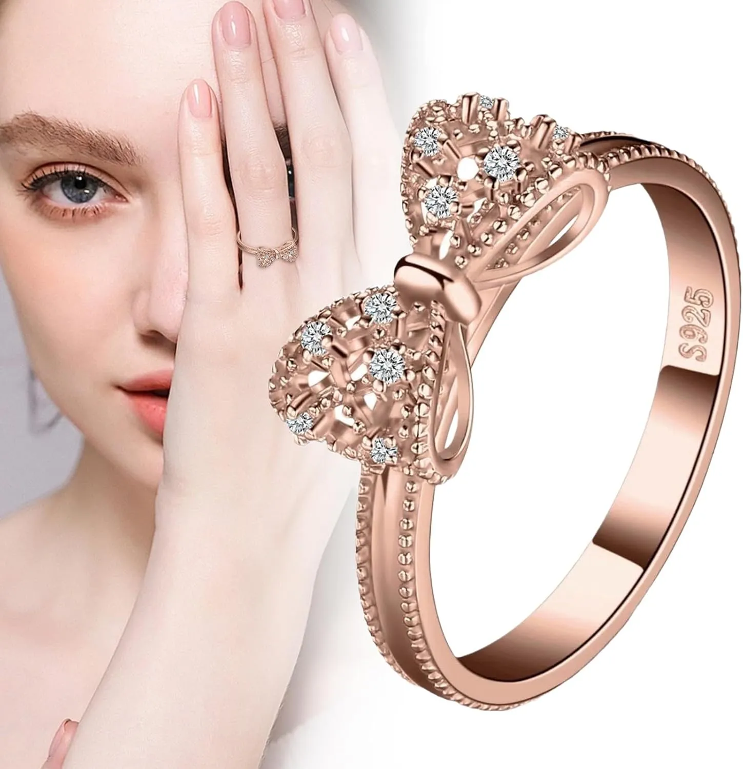 Plated 925 Sterling Silver Rings For Women Cubic Zirconia Promise Her Stackable Wedding Bow Stacking Ring Sets for Teen Size 8