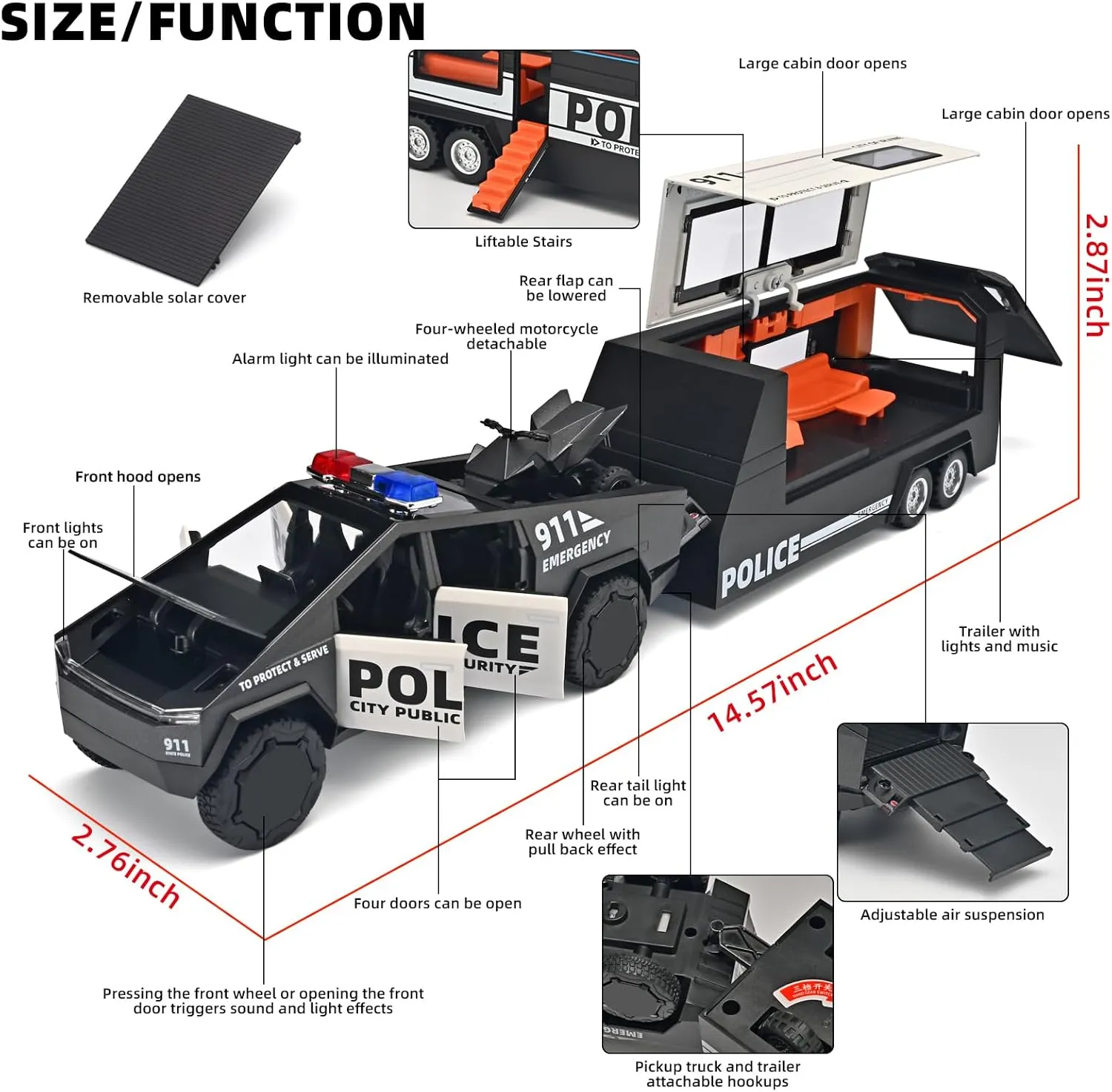 Police Car Toys for Boys Age 3-12,Diecast Trucks 1/32 Pickup Trucks Model Kit Collectable Toy Truck and Trailer Set,Toy Police Car with Lights and Siren,Truck and Trailer Toys for Boys