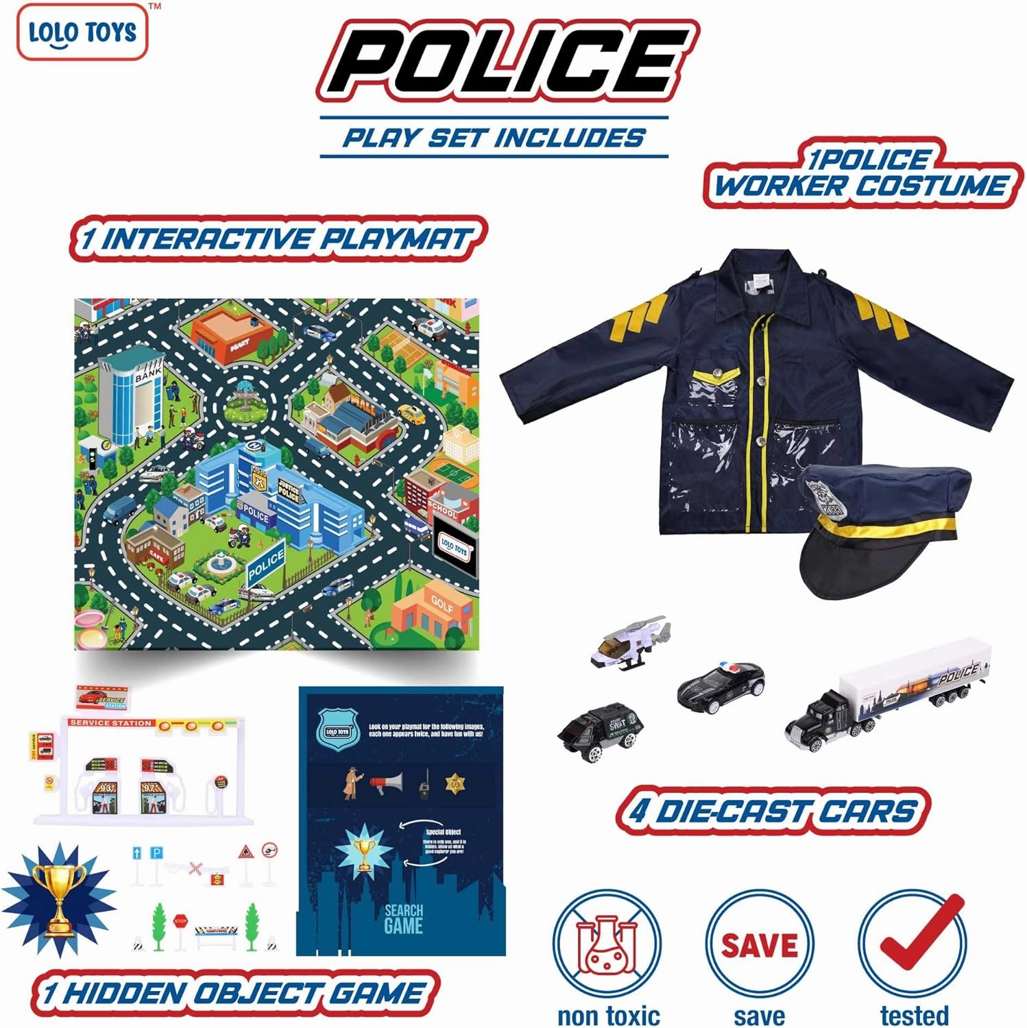 Police and Road Play Mat Set for Boys and Girls 20 Piece Set With Diecast Vehicles, Costume, Hat and Search Game - Kids Police Gear