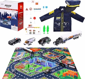 Police and Road Play Mat Set for Boys and Girls 20 Piece Set With Diecast Vehicles, Costume, Hat and Search Game - Kids Police Gear