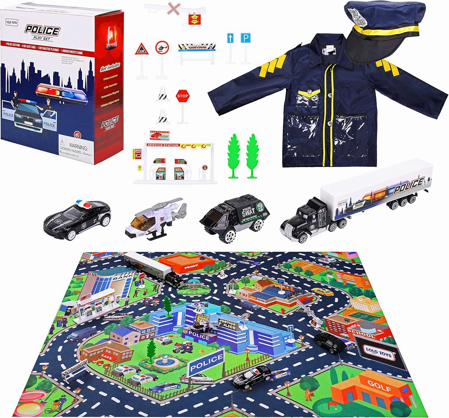 Police and Road Play Mat Set for Boys and Girls 20 Piece Set With Diecast Vehicles, Costume, Hat and Search Game - Kids Police Gear