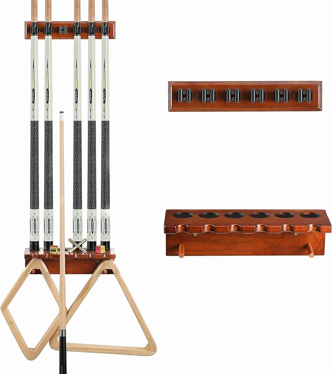 Pool Cue Rack Stick Holder - Wall Mount Billiards Pool Cue Rack Oak Solid Hardwood Pool Cue Set Holder for 6 Cues Sticks Storage Pool Table Accessories Equipment Organizer