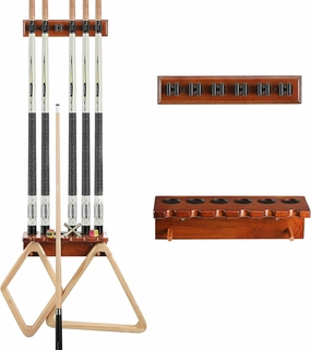 Pool Cue Rack Stick Holder - Wall Mount Billiards Pool Cue Rack Oak Solid Hardwood Pool Cue Set Holder for 6 Cues Sticks Storage Pool Table Accessories Equipment Organizer