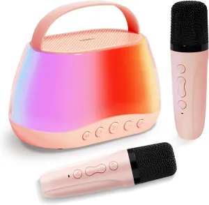 Portable Bluetooth Mini Karaoke Machine with 2 Wireless Microphone & LED Lights, Mini Karaoke Speaker for Kids & Adults, Birthday for Girls Boys Ages 3-12, Pink