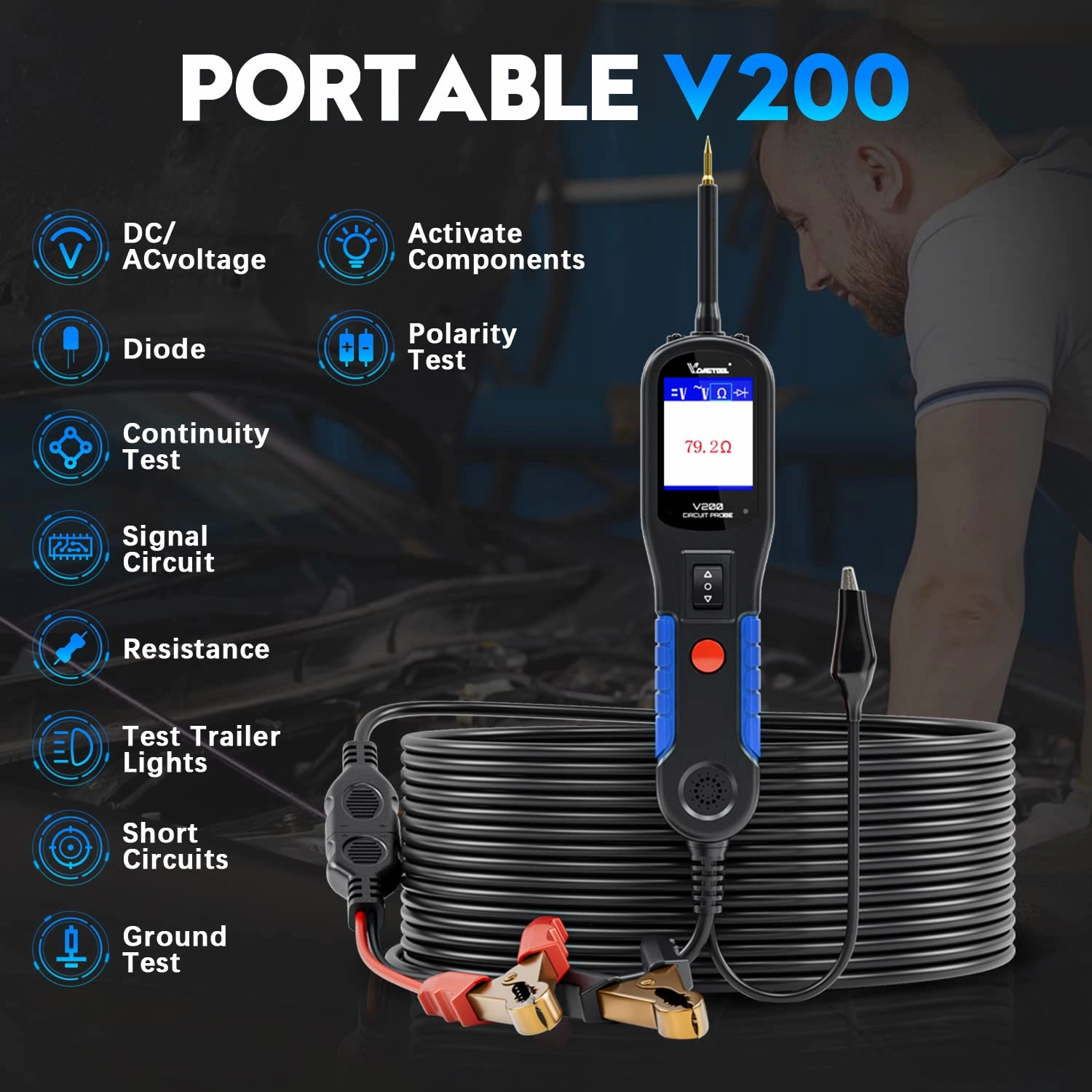 Power Circuit Probe Kit VDIAGTOOL V200, Automotive Circuit Tester, 12V 24V Car Probe Tester, Electrical Diagnostic Tool, AC DC Diode Resistance Relay Fuse Activate Component Test, 40FT Cable
