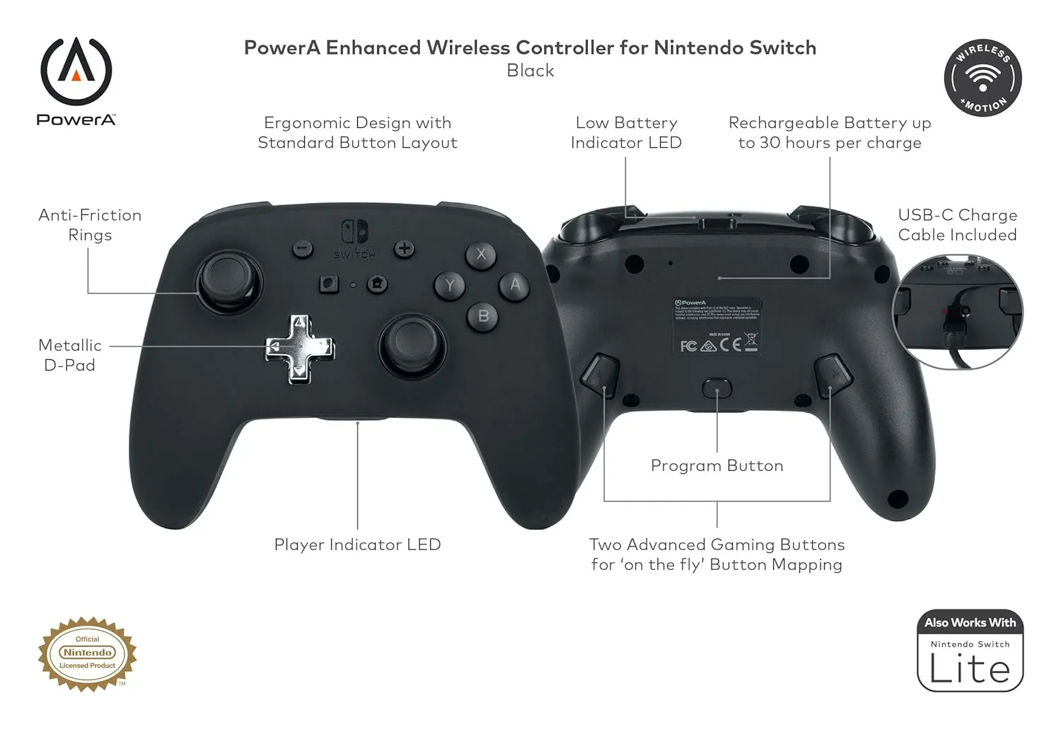 PowerA Enhanced Nintendo Switch Controller Wireless - Black, Rechargeable Pro Controller for Switch, Immersive Motion Control and Advanced Gaming Buttons