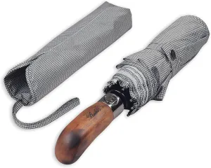 Prestige Travel Folding Umbrella, Handmade Wood Handle, Auto Open & Close