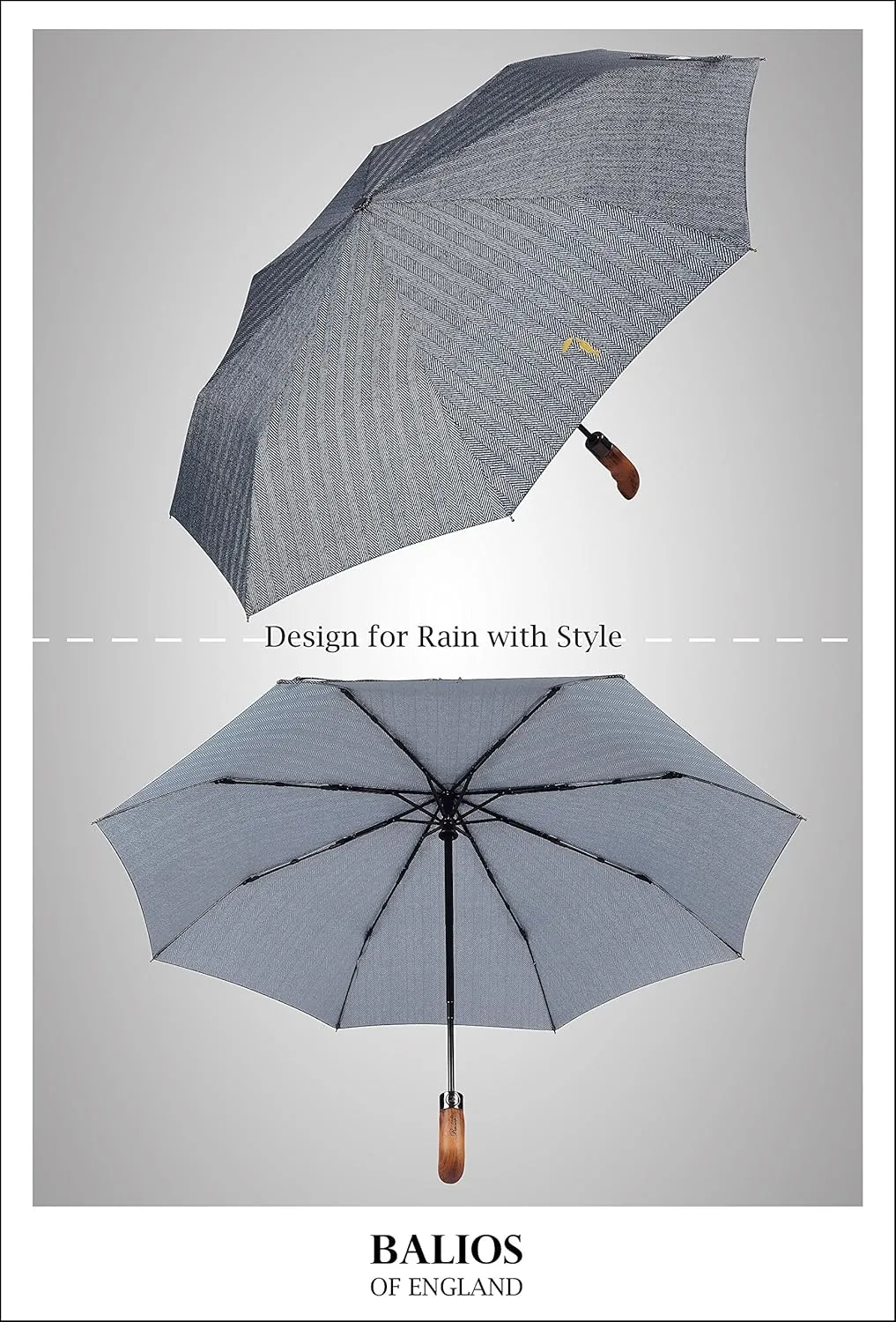 Prestige Travel Folding Umbrella, Handmade Wood Handle, Auto Open & Close