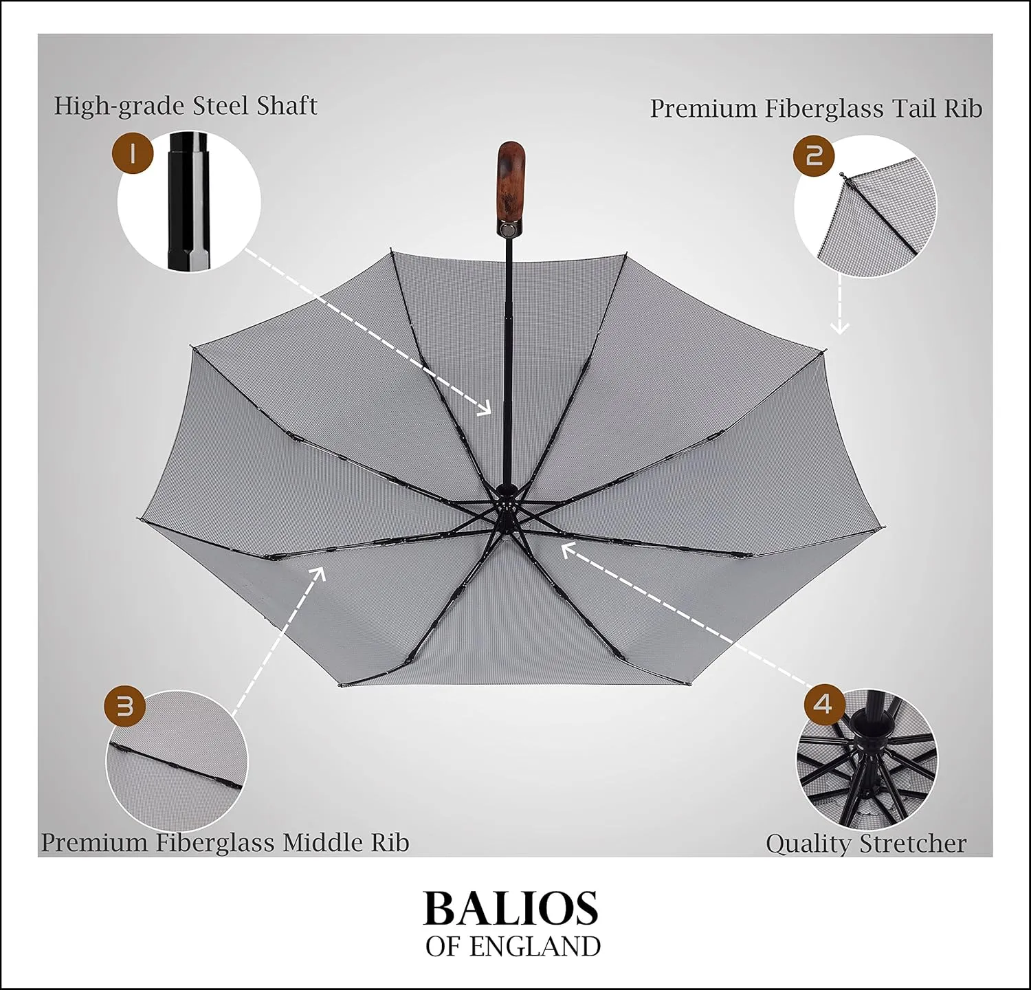 Prestige Travel Folding Umbrella, Handmade Wood Handle, Auto Open & Close