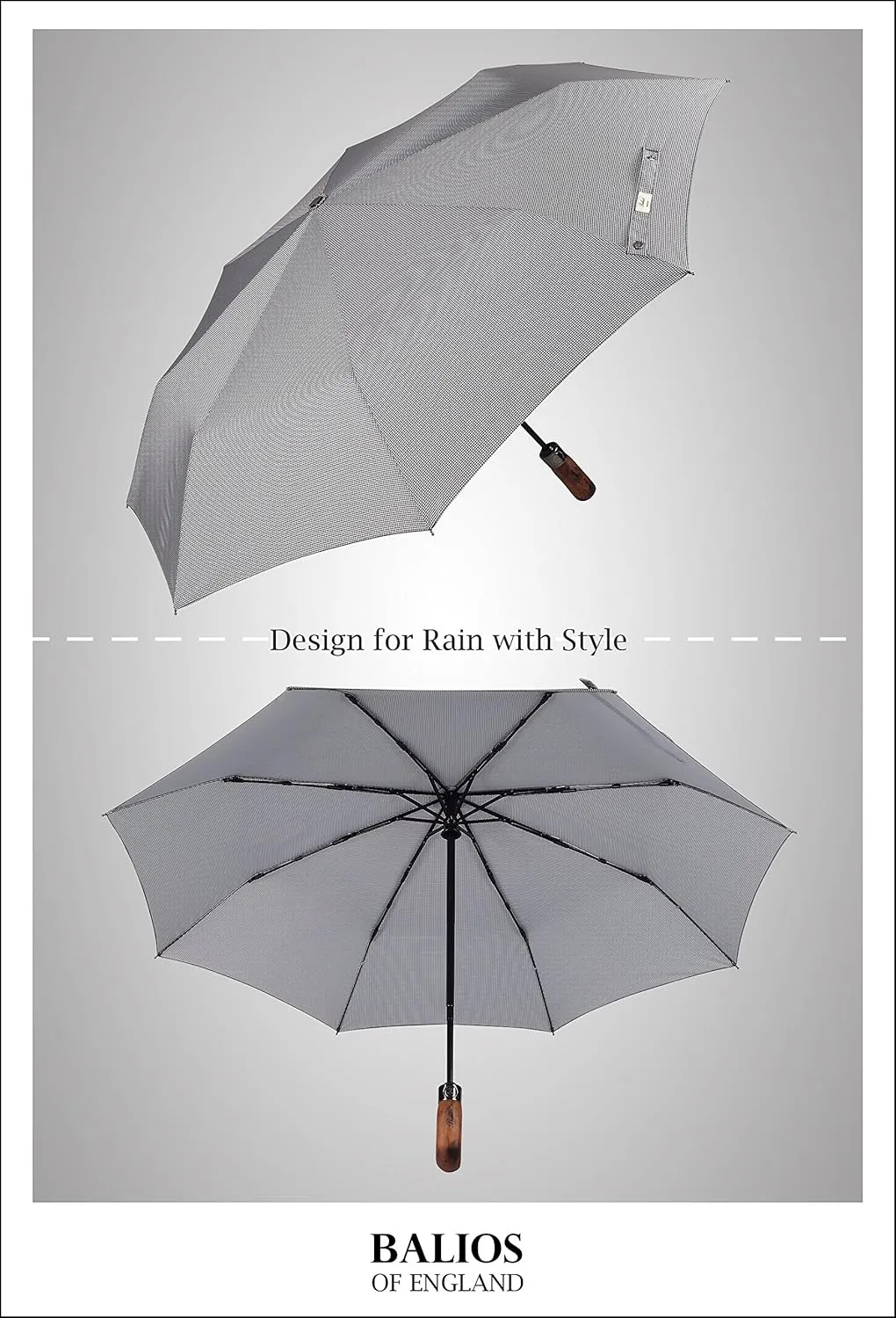 Prestige Travel Folding Umbrella, Handmade Wood Handle, Auto Open & Close