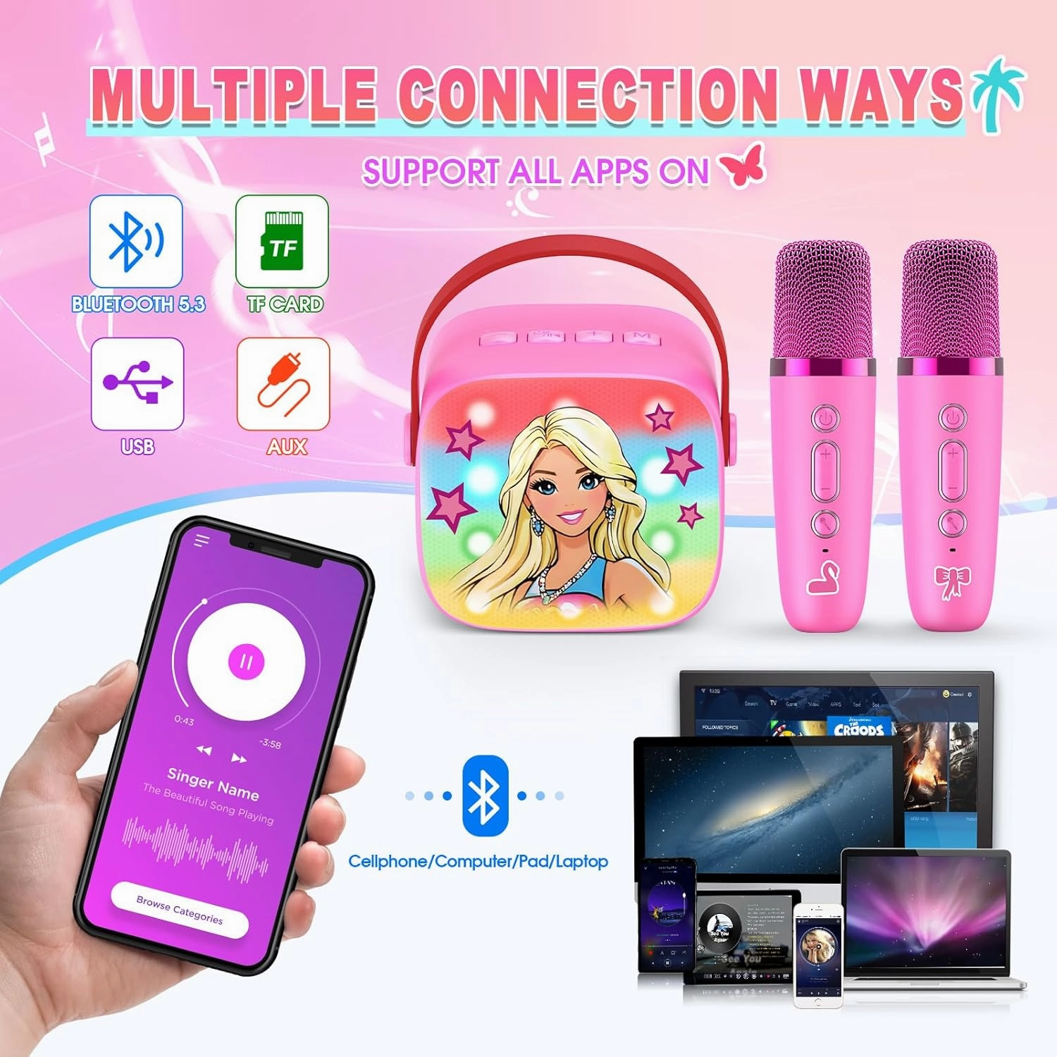 Princess Mini Karaoke Machine Toys: Kids Toys Girls Birthday Gifts Age 3-12  LED Portable Bluetooth Speaker with 2 Wireless Microphone Gift Toy for 4 5 6 7 8 9 Years Old Girl Boy Kid Adult