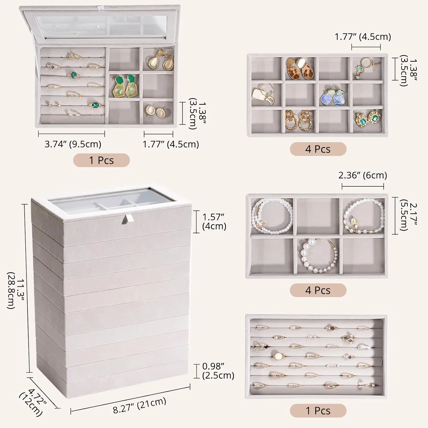 ProCase Jewelry Organizer Tray Jewelry Storage Box, Stackable Velvet Jewelry Drawer Organizer Inserts Earring Holder for Stud Earring Necklace Rings Bracelet -Grey, 10 Layers, Small