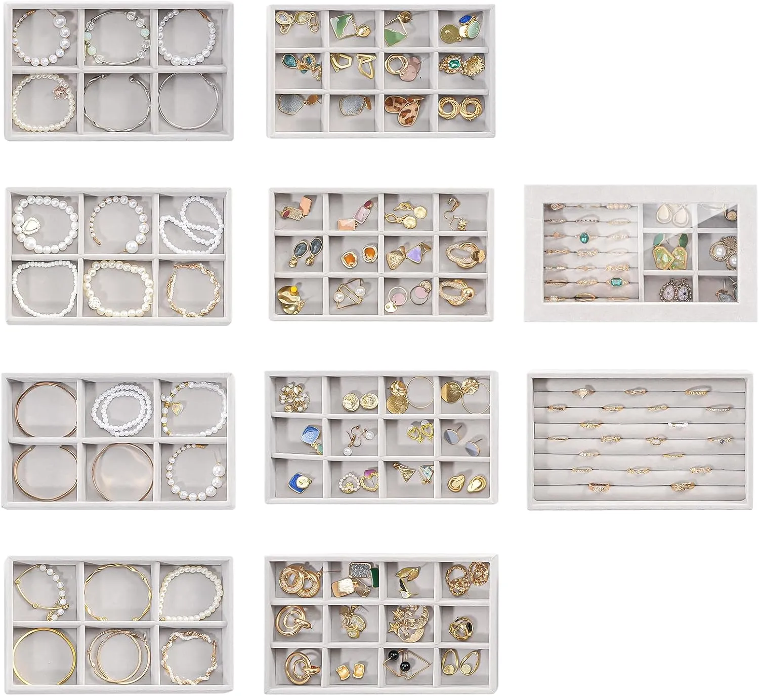 ProCase Jewelry Organizer Tray Jewelry Storage Box, Stackable Velvet Jewelry Drawer Organizer Inserts Earring Holder for Stud Earring Necklace Rings Bracelet -Grey, 10 Layers, Small