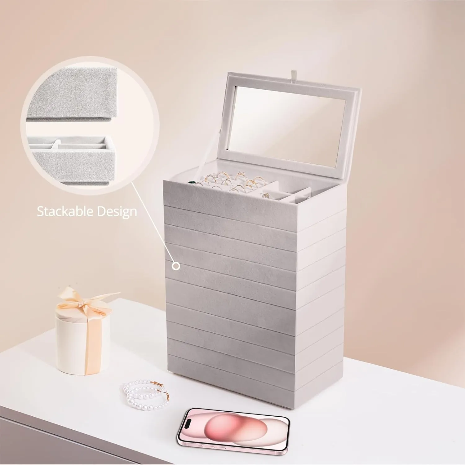 ProCase Jewelry Organizer Tray Jewelry Storage Box, Stackable Velvet Jewelry Drawer Organizer Inserts Earring Holder for Stud Earring Necklace Rings Bracelet -Grey, 10 Layers, Small