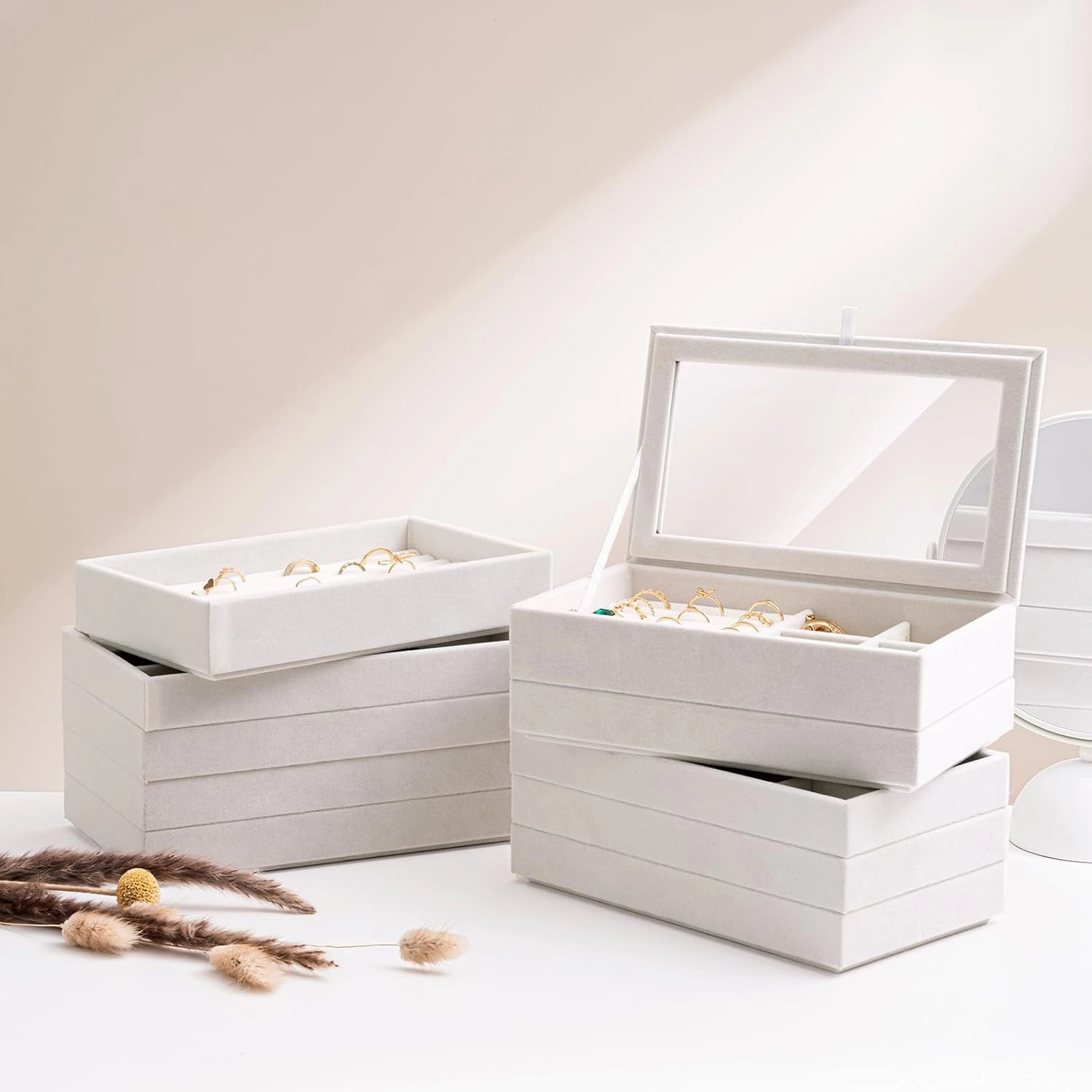 ProCase Jewelry Organizer Tray Jewelry Storage Box, Stackable Velvet Jewelry Drawer Organizer Inserts Earring Holder for Stud Earring Necklace Rings Bracelet -Grey, 10 Layers, Small