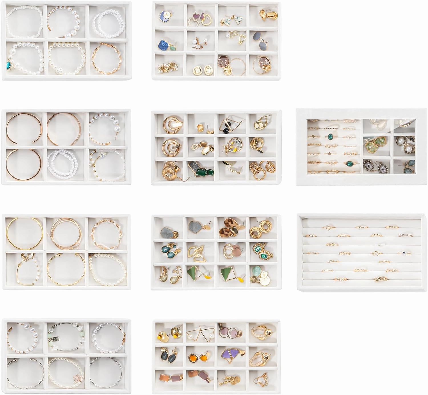 ProCase Jewelry Organizer Tray Jewelry Storage Box, Stackable Velvet Jewelry Drawer Organizer Inserts Earring Holder for Stud Earring Necklace Rings Bracelet -Grey, 10 Layers, Small