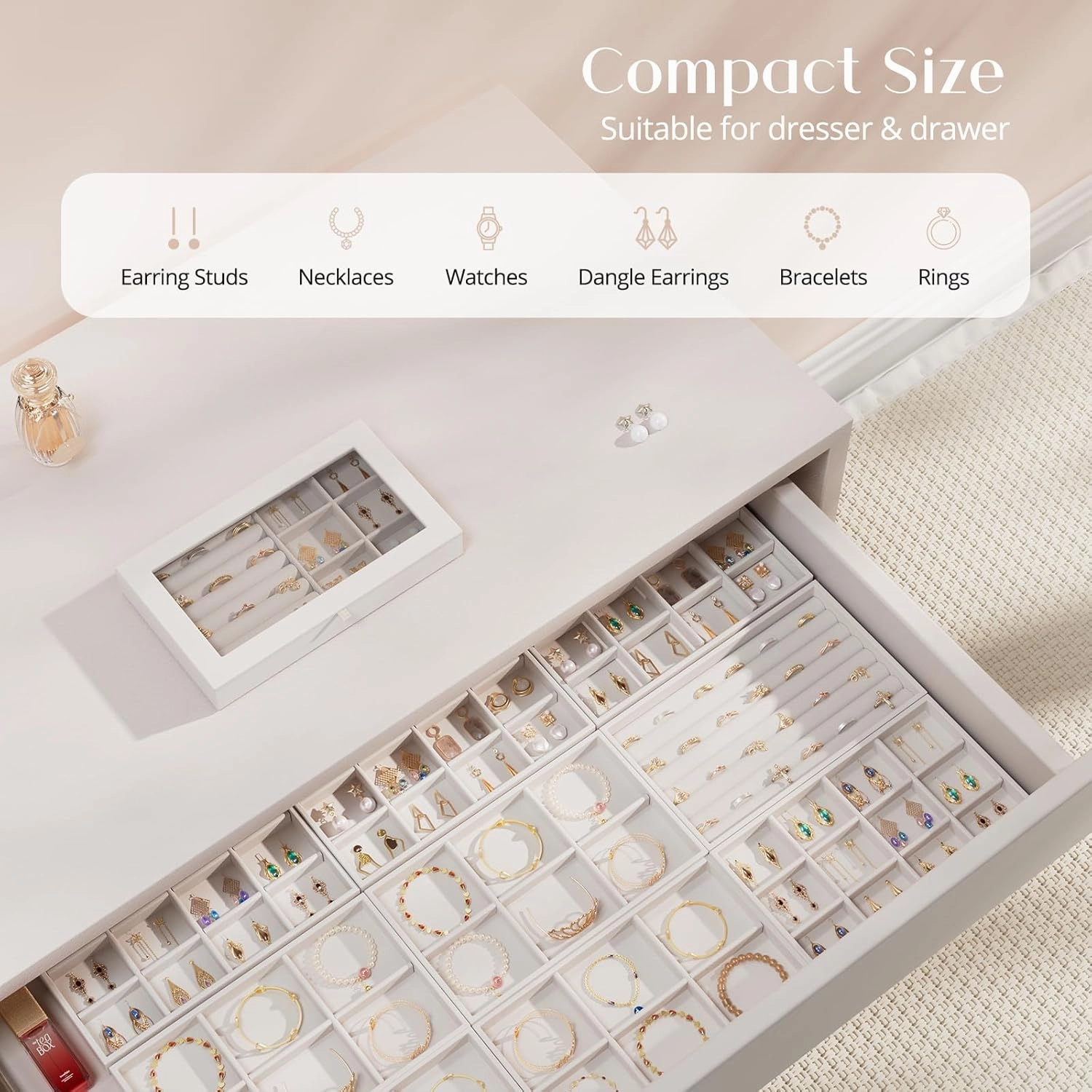 ProCase Jewelry Organizer Tray Jewelry Storage Box, Stackable Velvet Jewelry Drawer Organizer Inserts Earring Holder for Stud Earring Necklace Rings Bracelet -Grey, 10 Layers, Small