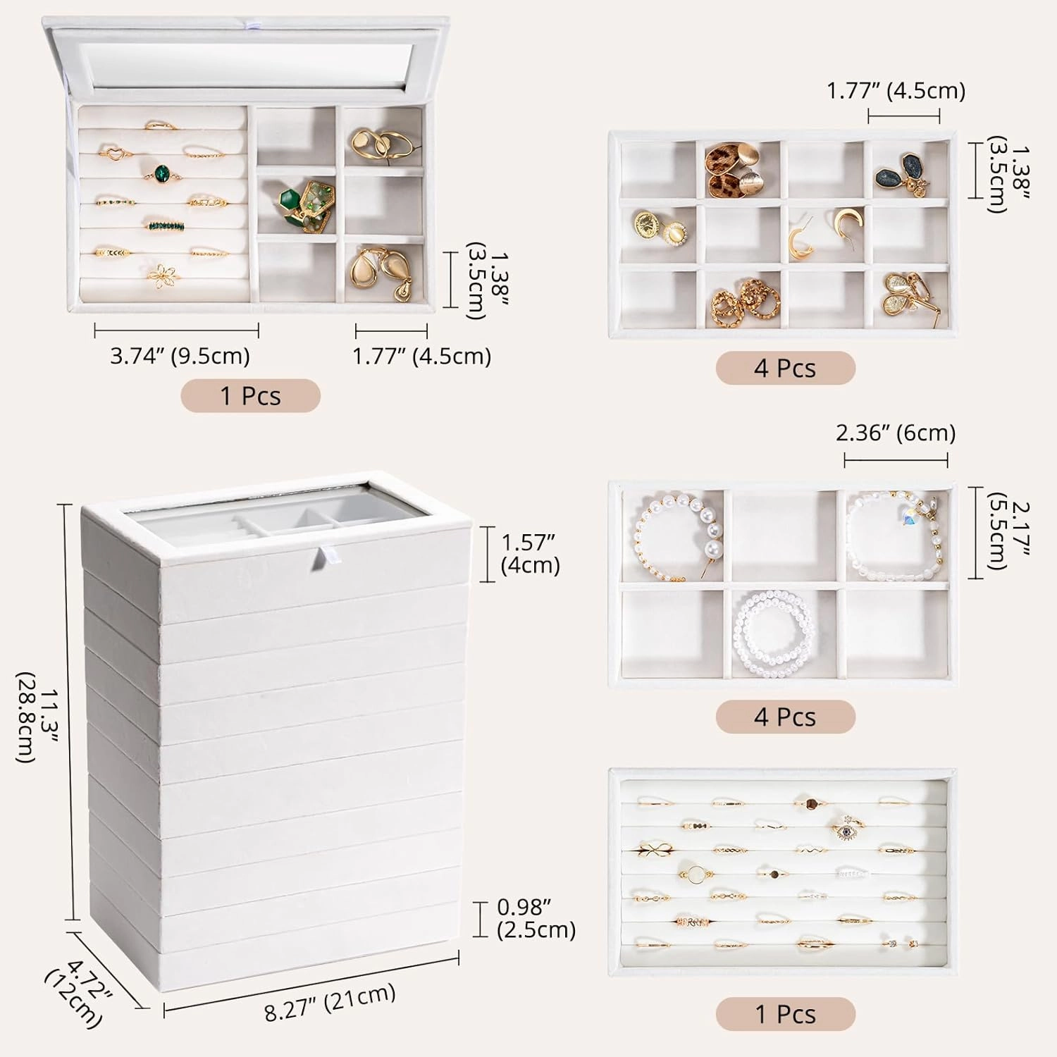 ProCase Jewelry Organizer Tray Jewelry Storage Box, Stackable Velvet Jewelry Drawer Organizer Inserts Earring Holder for Stud Earring Necklace Rings Bracelet -Grey, 10 Layers, Small