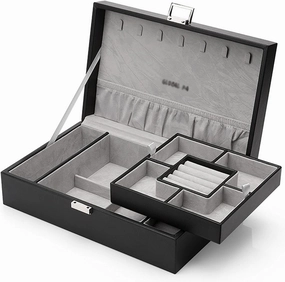 PU Leather Jewelry Box Organizer with 2 Watch Case Removable Tray Jewelry Display Storage Case - Velvet Lining Earring Ring Bracelet Case Jewelry Boxes and Organizers (B)