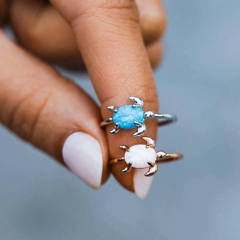 Pura Vida Rose Gold or Silver-Plated Opal Sea Turtle Ring w/White or Blue Stone - Brass Base, Stylish Design - Size 5-9