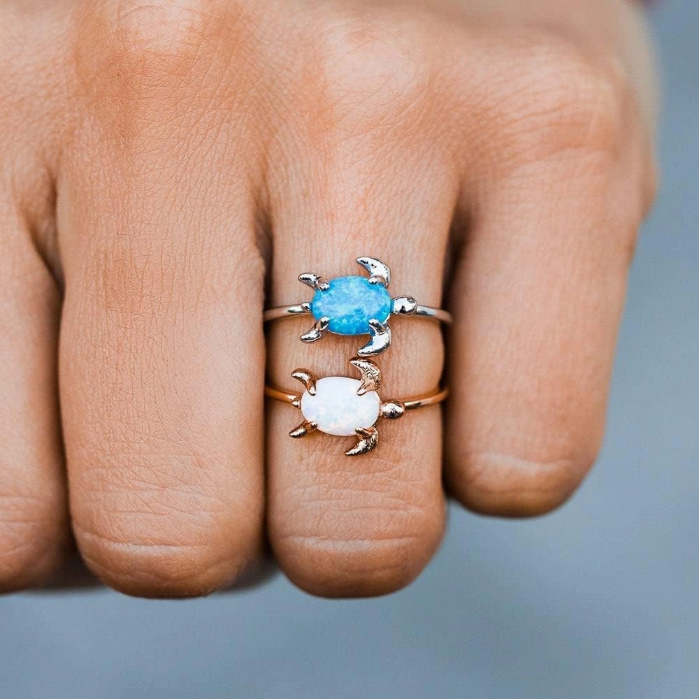 Pura Vida Rose Gold or Silver-Plated Opal Sea Turtle Ring w/White or Blue Stone - Brass Base, Stylish Design - Size 5-9