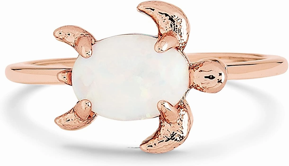 Pura Vida Rose Gold or Silver-Plated Opal Sea Turtle Ring w/White or Blue Stone - Brass Base, Stylish Design - Size 5-9
