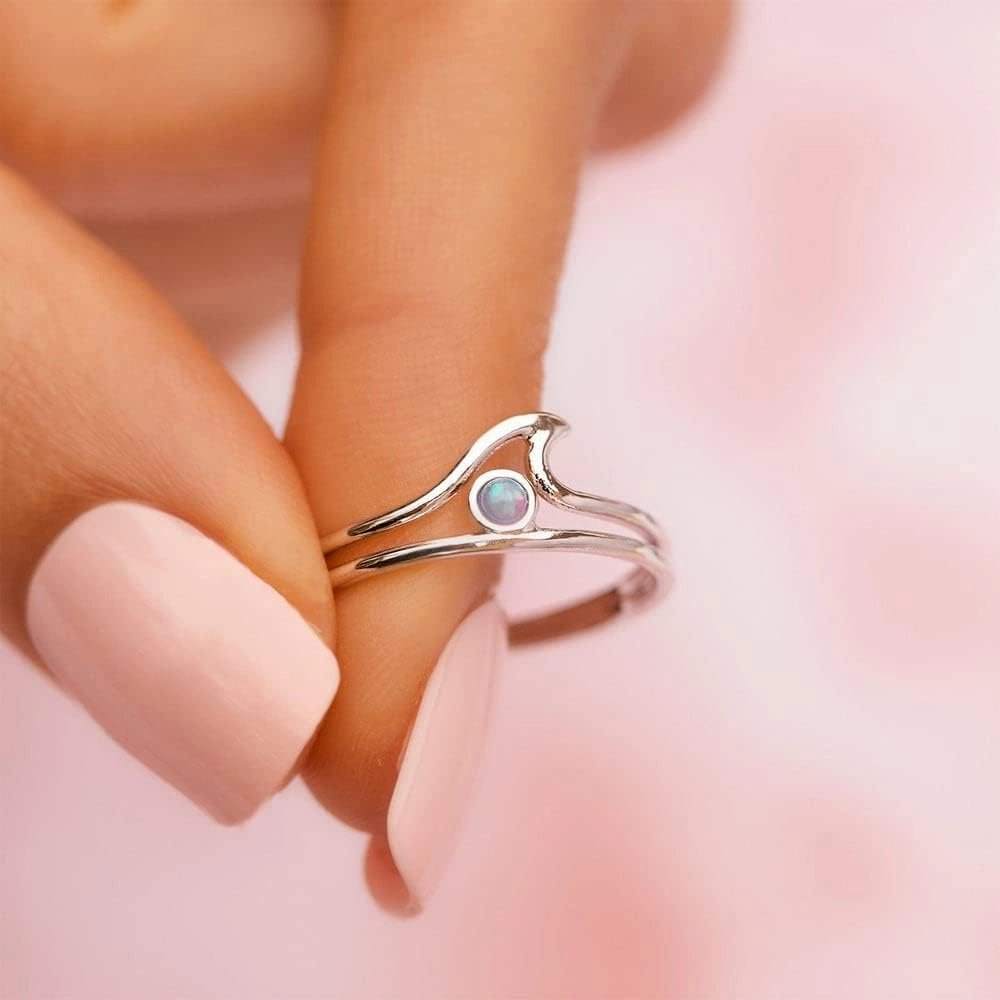 Pura Vida Rose Gold or Silver-Plated Opal Wave Ring w/White or Blue Stone - Brass Base, Stylish Design - Size 5-9