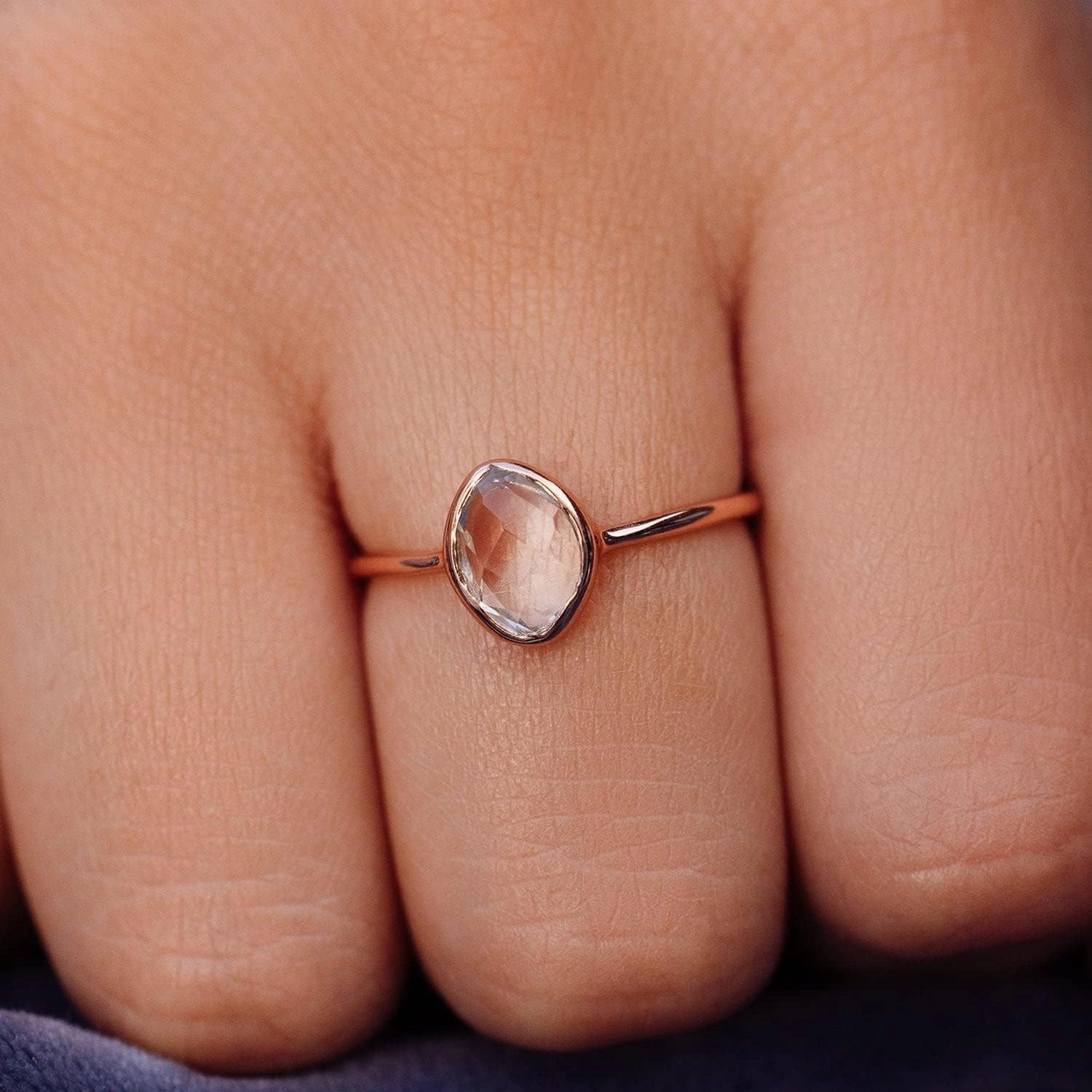 Pura Vida Rose Gold Organic Stone Ring - Handmade With Clear Quartz, Brass Base - Rings for Women, Cute, Boho Jewelry - Size 5-9