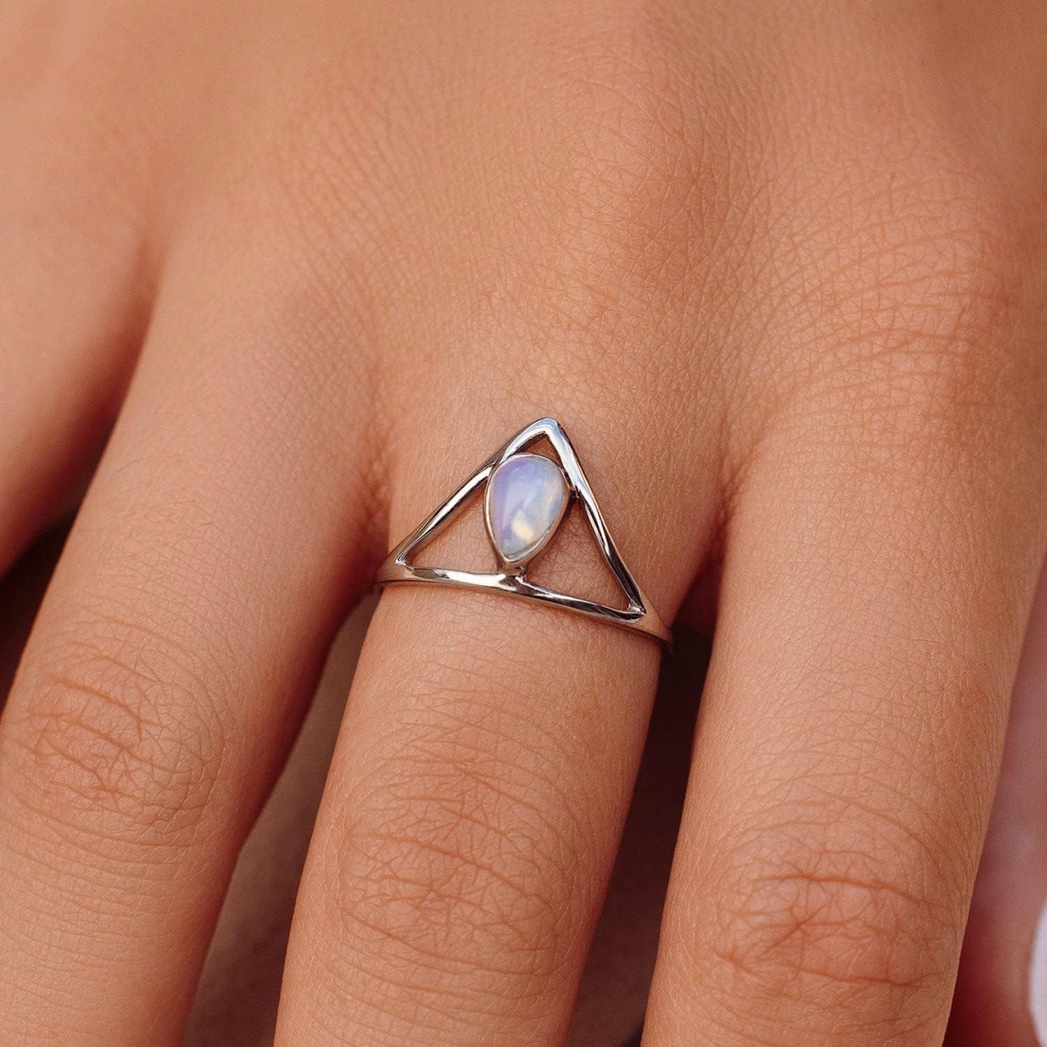 Pura Vida Silver Chevron Stone Ring - Handmade Ring with Synthetic Moonstone, Brass Base with Rhodium Plating - Silver Rings for Women, Cute Rings, Boho Jewelry for Women - Size 5-9