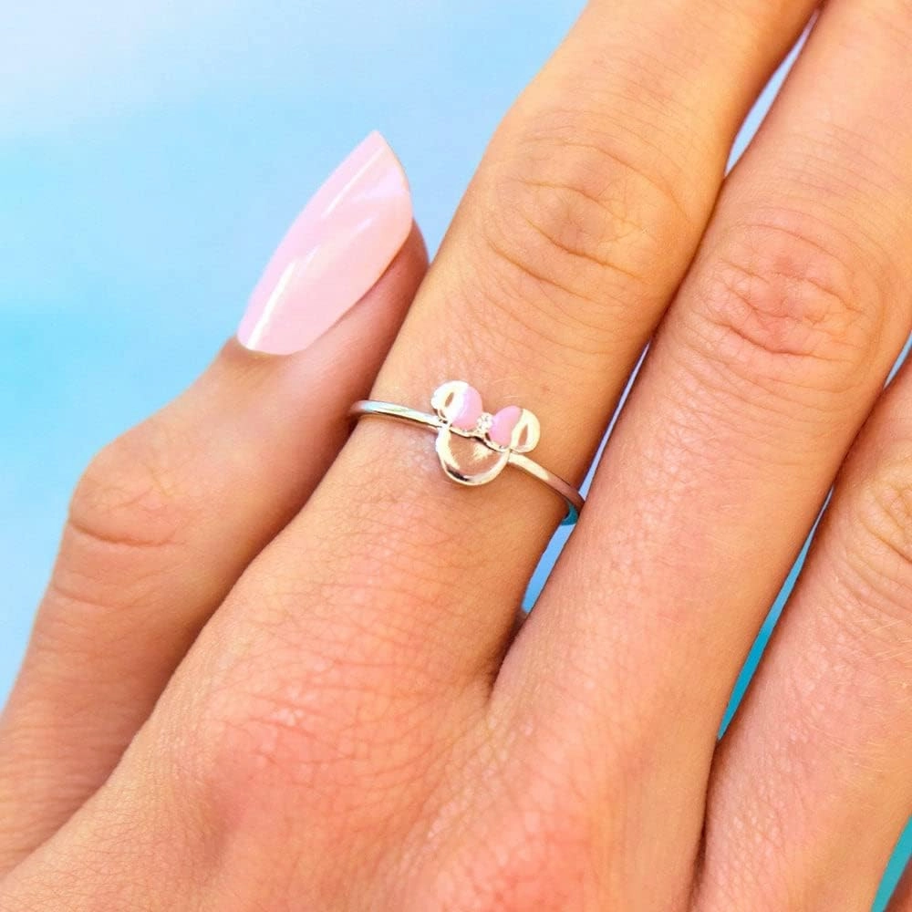 Pura Vida Silver Disney Minnie Mouse Delicate Ring w/Crystal Stone - Brass Base Band, Rhodium Plating