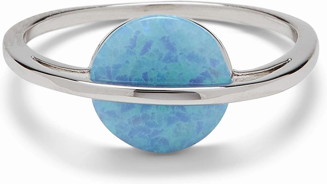 Pura Vida Silver or Rose Gold-Plated Opal Saturn Ring - Synthetic Stone, Brass Band Design - Sizes 5-9