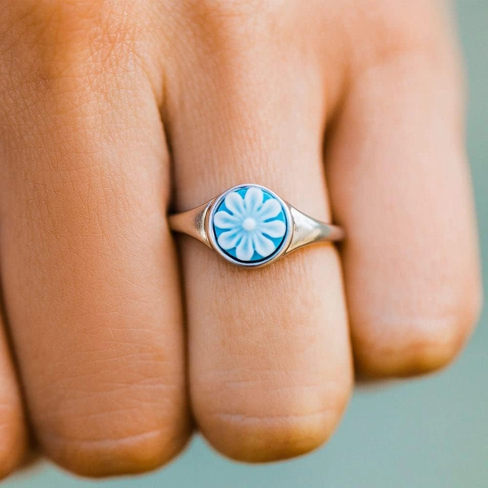 Pura Vida Silver-Plated Cameo Flower Stackable Ring - Brass Base, Stylish Design - Size 5-9