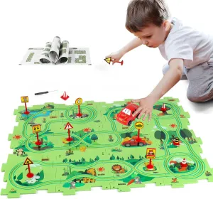 Puzzle Track Car Play Set, Plastic Puzzles for Kids with Vehicles, Railcar Puzzle, Car Tracks for Toddlers, Toys Gifts for 2 3 4 5 6 Year Old Boys, Toddler Boy Toys 2-3