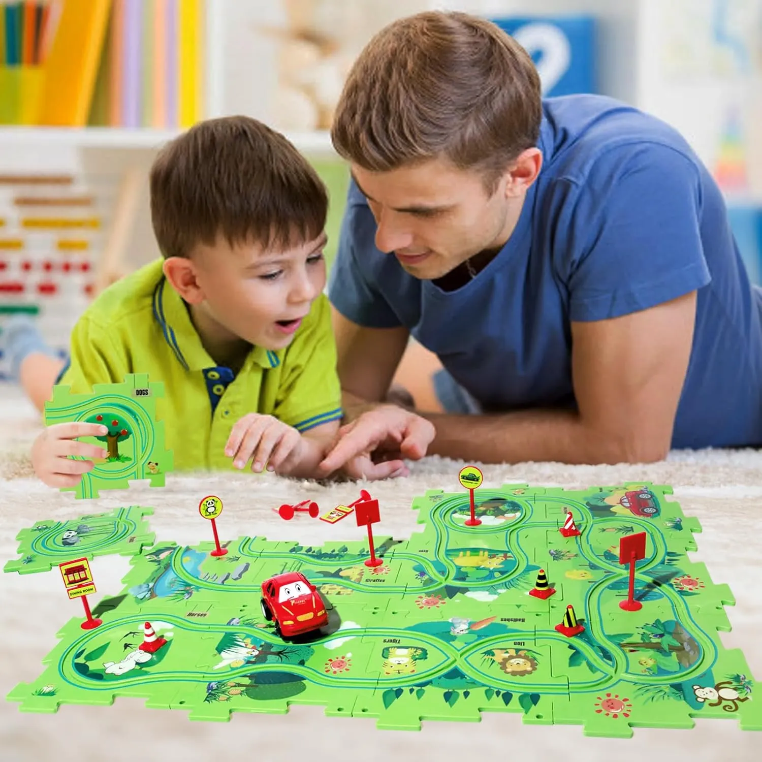 Puzzle Track Car Play Set, Plastic Puzzles for Kids with Vehicles, Railcar Puzzle, Car Tracks for Toddlers, Toys Gifts for 2 3 4 5 6 Year Old Boys, Toddler Boy Toys 2-3