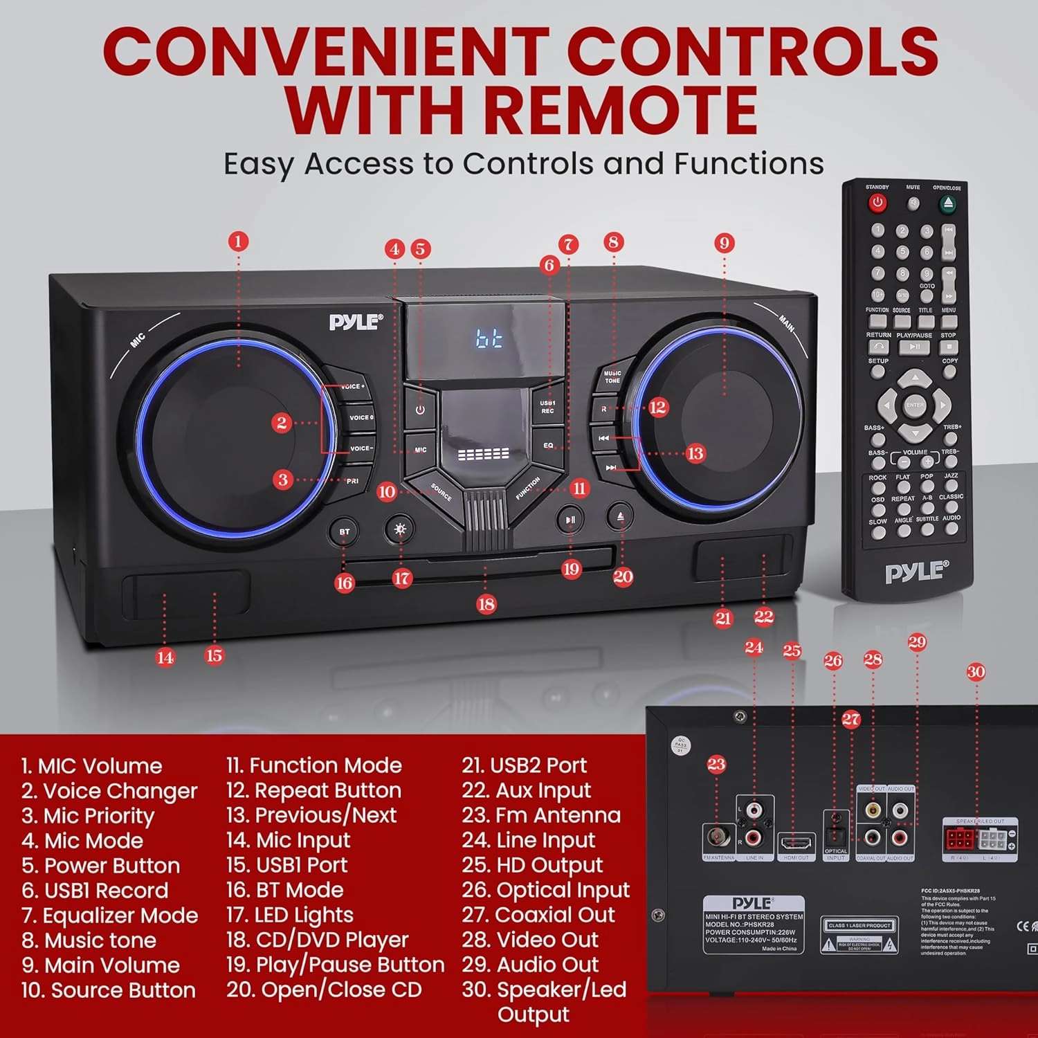 Pyle Mini Hi-Fi Bluetooth Stereo System – 4-Piece CD Player with Speakers, MP3, FM Radio, USB Recording, Subwoofer, DSP-Tech, Equalizer Settings, Compact Home Stereo System with Remote Control (Black)