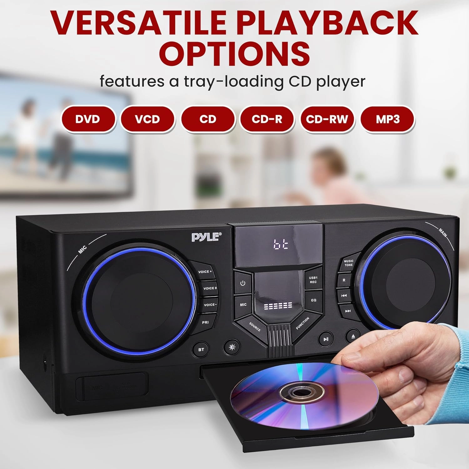 Pyle Mini Hi-Fi Bluetooth Stereo System – 4-Piece CD Player with Speakers, MP3, FM Radio, USB Recording, Subwoofer, DSP-Tech, Equalizer Settings, Compact Home Stereo System with Remote Control (Black)