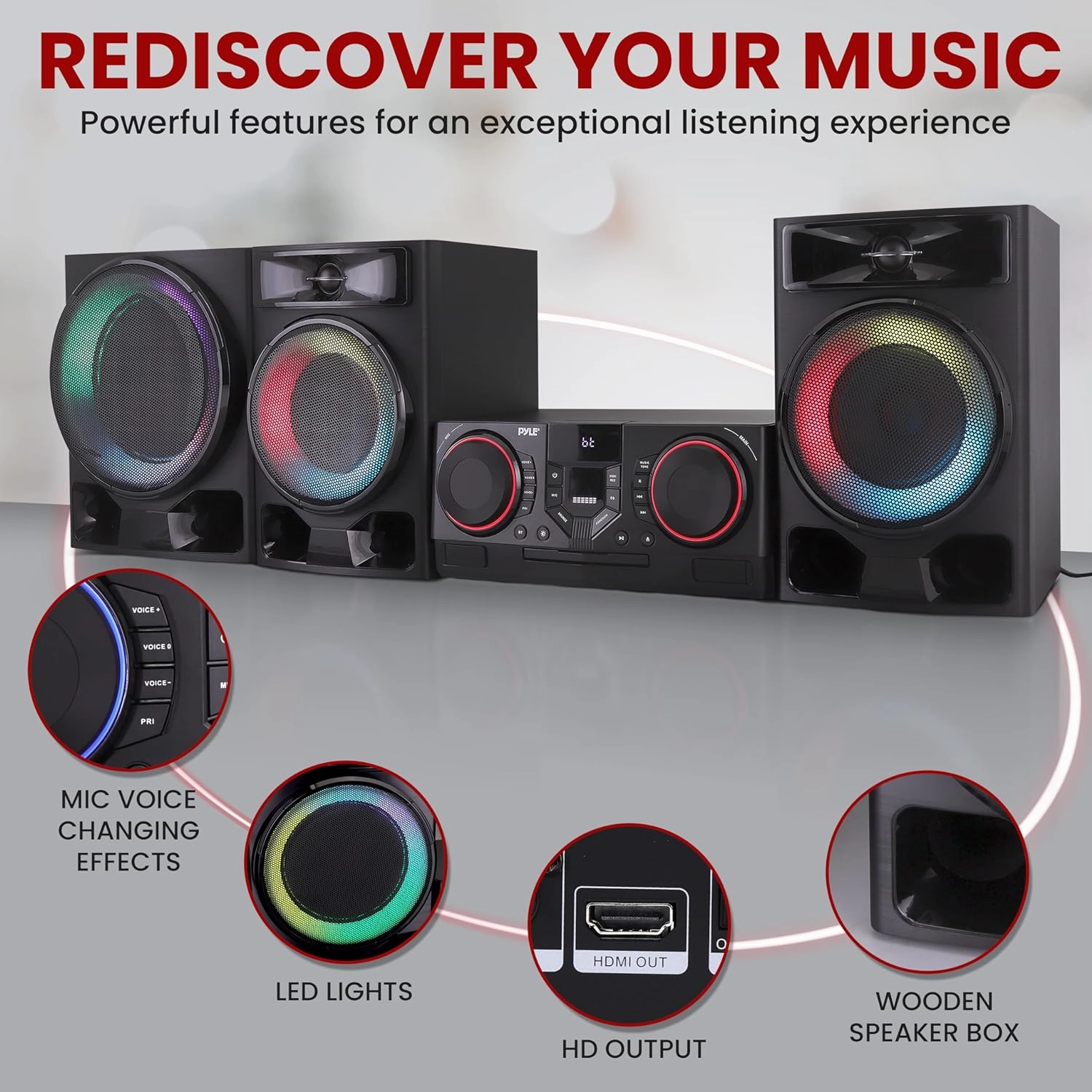 Pyle Mini Hi-Fi Bluetooth Stereo System – 4-Piece CD Player with Speakers, MP3, FM Radio, USB Recording, Subwoofer, DSP-Tech, Equalizer Settings, Compact Home Stereo System with Remote Control (Black)