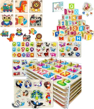 QUOKKA Multipack Kids Puzzles for Boys and Girls Wooden Alphabet, Numbers, Animals & ABC Learning Baby Blocks