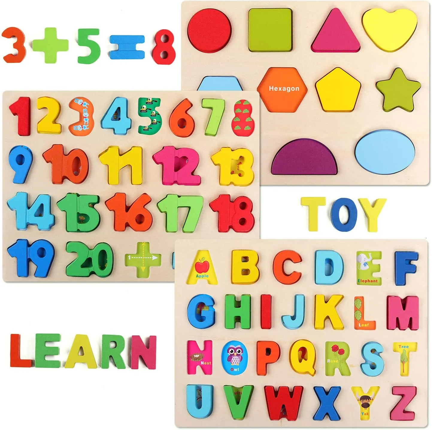 QZMTOY Wooden Puzzles for Toddlers, Wooden Alphabet Number Shape Puzzles Toddler Learning Puzzle Toys for Kids, 3 in 1 Puzzle for Toddlers, Age 3  (Set of 3)