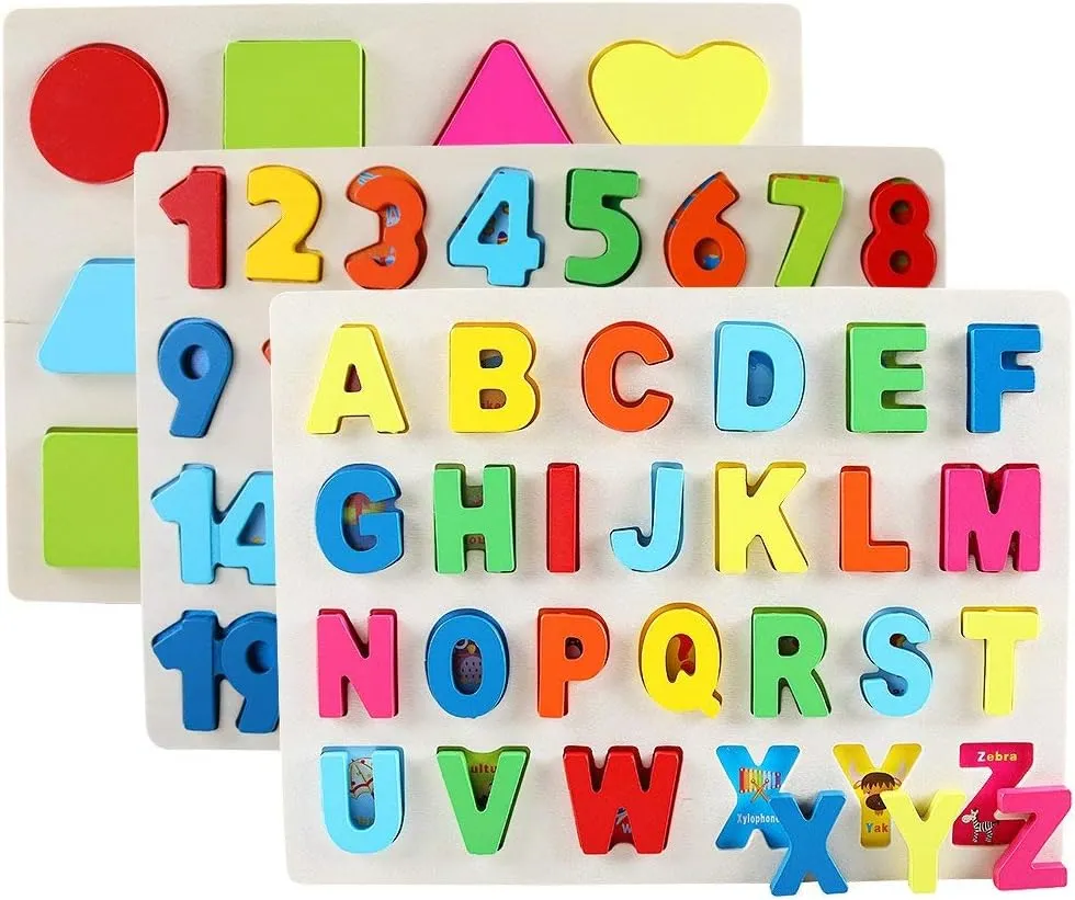 QZMTOY Wooden Puzzles for Toddlers, Wooden Alphabet Number Shape Puzzles Toddler Learning Puzzle Toys for Kids, 3 in 1 Puzzle for Toddlers, Age 3  (Set of 3)