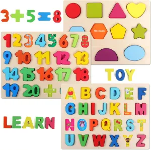 QZMTOY Wooden Puzzles for Toddlers, Wooden Alphabet Number Shape Puzzles Toddler Learning Puzzle Toys for Kids, 3 in 1 Puzzle for Toddlers, Age 3  (Set of 3)