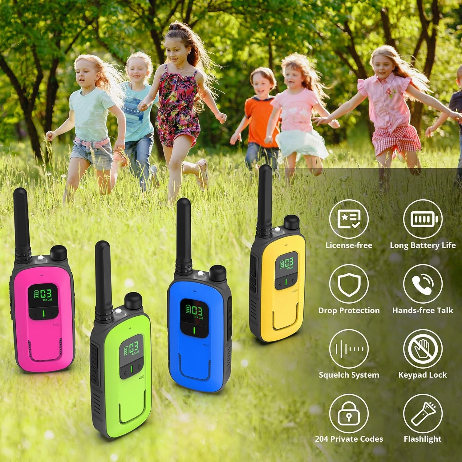 Radioddity FS-T3 Walkie Talkies for Adults Kids Long Range 4 Pack Rechargeable Walky Talky FRS Two Way Radio, 22 Channels License Free USB Charging with Flashlight Boys Girls Gift for Camping Hiking