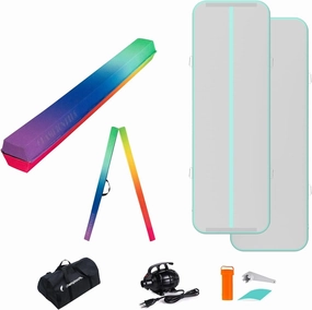 Rainbow Balance Beam 8FT Extra Firm Suede Cover Floor Folding Gymnastics Equipment with 10ft Tumble Track Tumbling Mat Inflatable Gymnastics Air Mat Mint Green