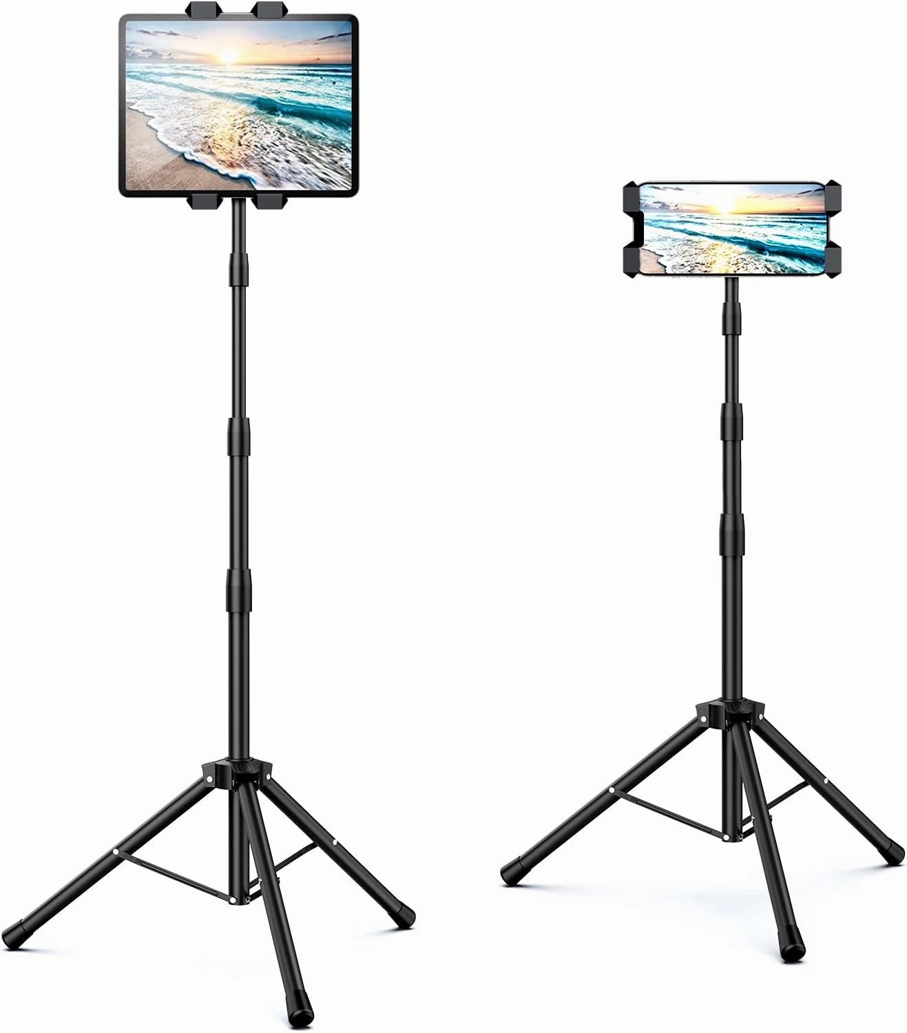 Raking Tablet Floor Stand, Height Adjustable Cellphone Floor Stand with 360°Rotating Tripod Mount, Compatible with iPhone iPad Mini/Air/Pro and All 5.5-12.9 Inch Devices