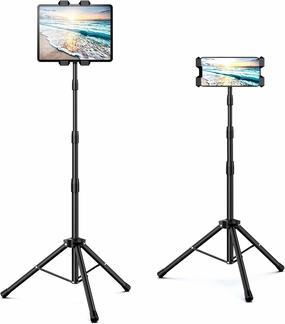 Raking Tablet Floor Stand, Height Adjustable Cellphone Floor Stand with 360°Rotating Tripod Mount, Compatible with iPhone iPad Mini/Air/Pro and All 5.5-12.9 Inch Devices