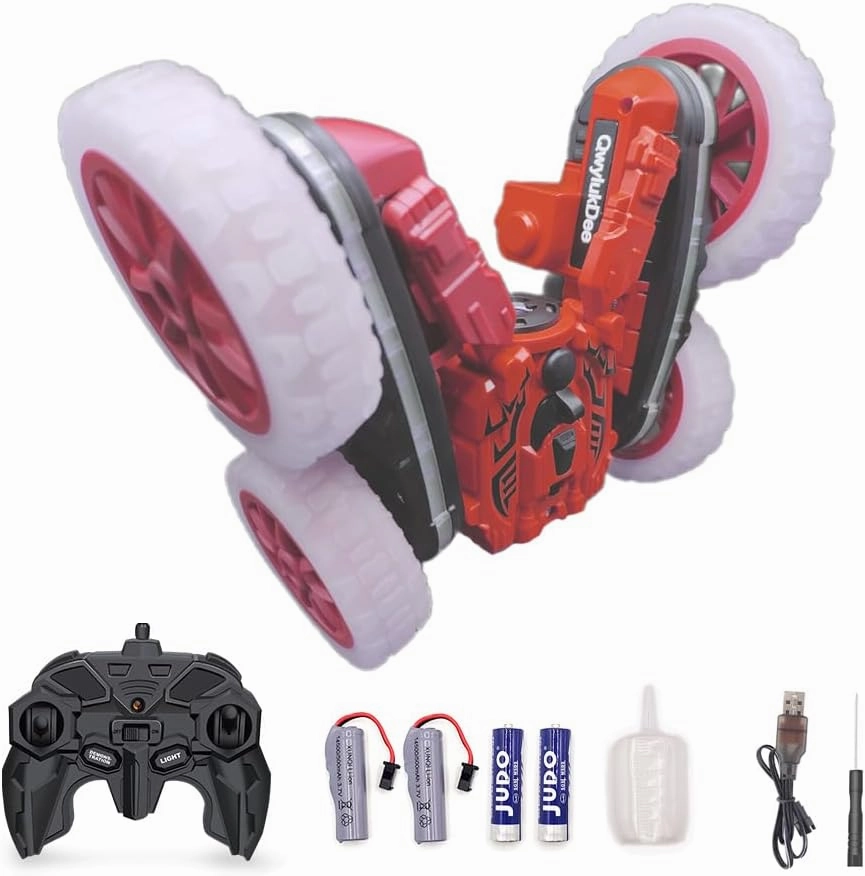Rc Stunt Cars, Remote Control Cars with Sides Light Strip & 360° Flips Rotating Spray, Double Sided 2.4Ghz All Terrain Toy for Kids Ages 6-12 Year Old Gift (red)