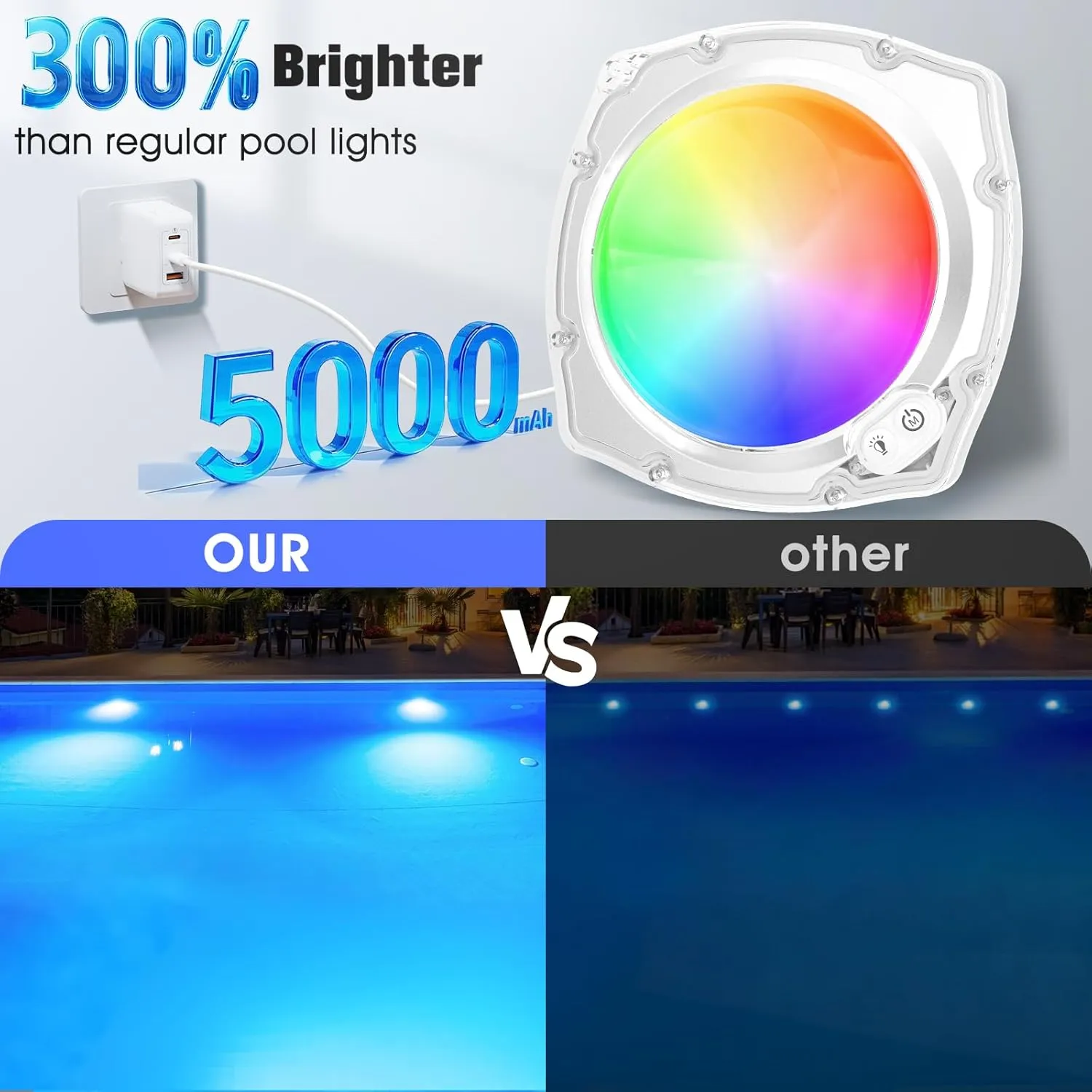 Rechargeable Submersible Pool Lights with Remote, Hight Brightness 5000mAh Swimming Led Pool Lights for Above Ground Pools Waterproof, 9 Modes Underwater Magnetic Pool Light for Inground Pool-1pc