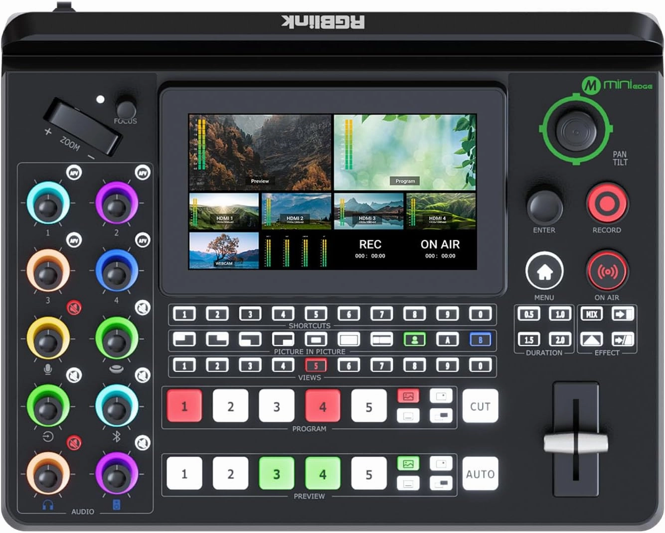 RGBlink mini-Edge, All in One Video Mixer Switcher 4K Multi-Cam PTZ Controller with 8-Ch Audio Input, 5-Ch Video Input Video Production Solution for Live Streaming, Podcasting, Content Creation...