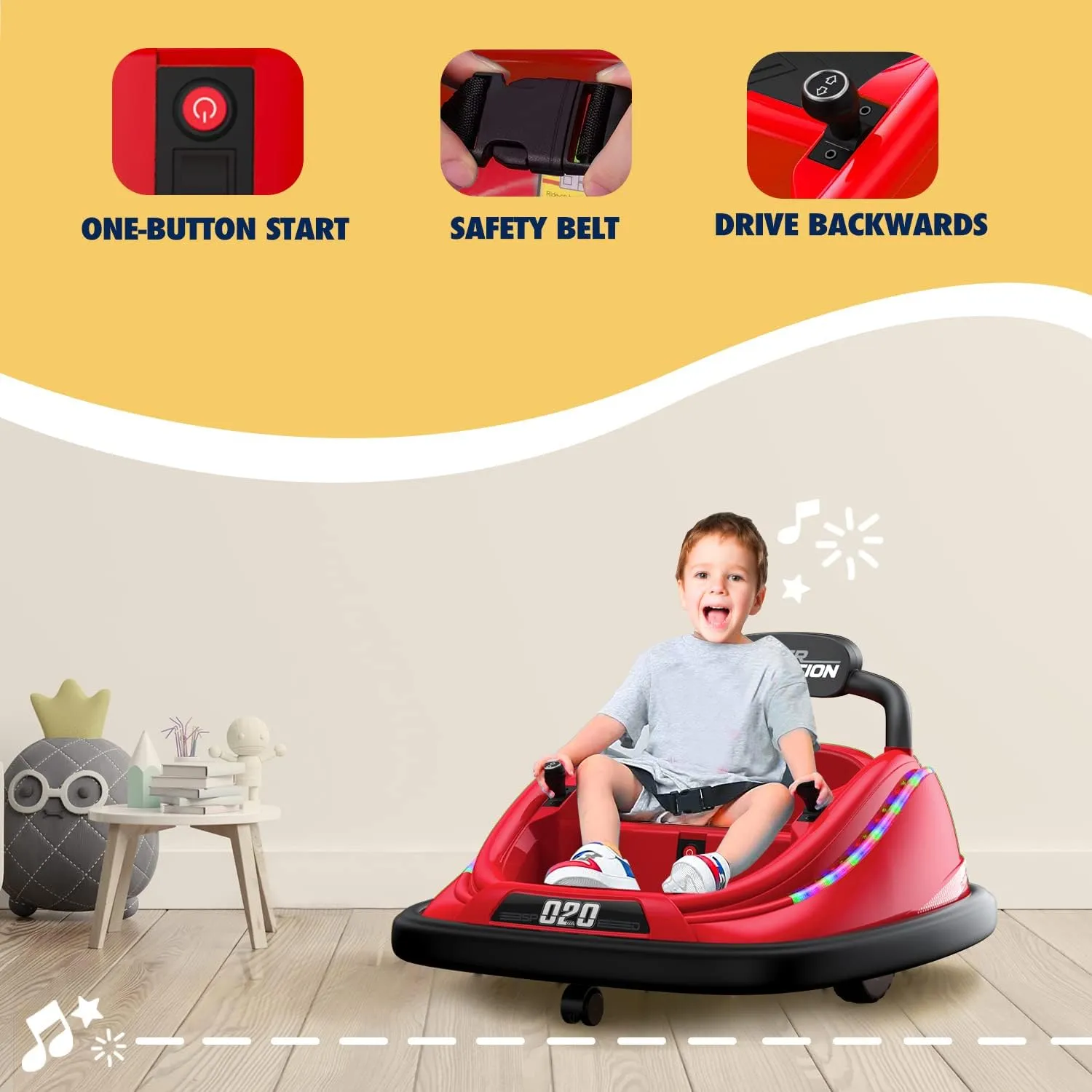 Ride-On Toy, 12V Electric Bumper Car with Remote, Music for Kids Ages 1-6, Unisex Gift, Red