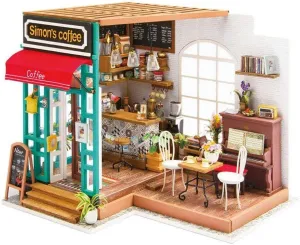 Robotime 3D DIY House Kit Cafe House with LED Light Model Making Miniature Woodcraft Dollhouse Puzzle Challenge Gift Set (Simon's Cafe)